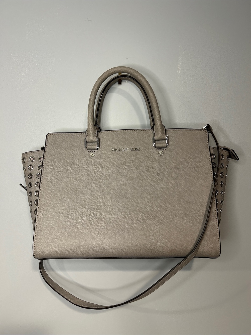 Michael Kors Taupe Studded Pebble Leather Satchel